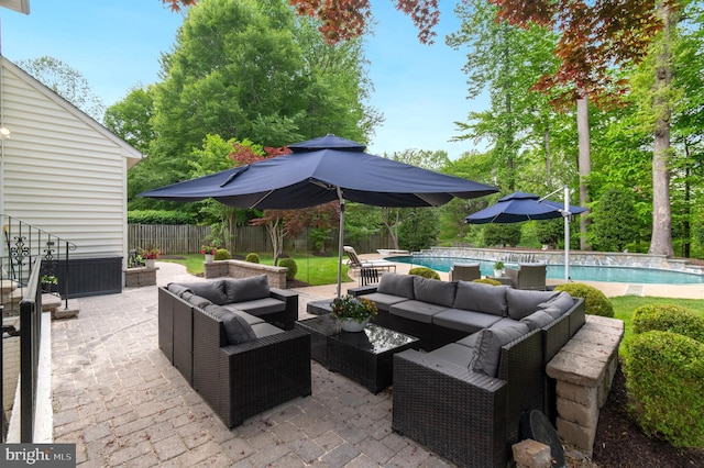 7820 Elsinore Dr, Manassas, VA 20112 - view of patio featuring an outdoor living space, a fenced backyard, and a fenced in pool