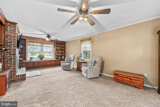 1713 Emerson Ave, Salisbury, MD 21801 - living area featuring a ceiling fan, a textured ceiling, carpet flooring, ornamental molding, and baseboards