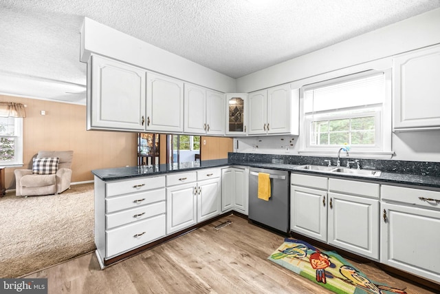 1713 Emerson Ave, Salisbury, MD 21801 - kitchen with dishwasher, a sink, dark countertops, a textured ceiling, and light wood finished floors
