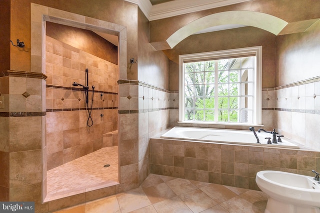 full bathroom with crown molding, walk in shower, a bath, a bidet, and tile patterned floors