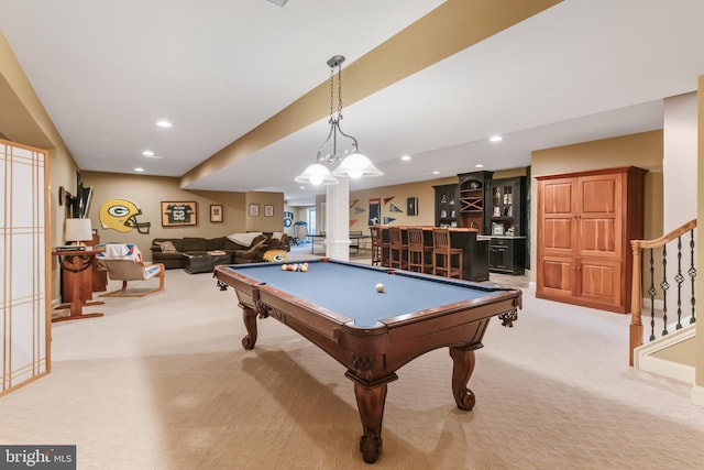game room featuring recessed lighting, indoor bar, billiards, and light colored carpet