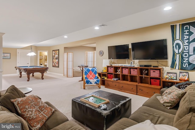 carpeted living room with recessed lighting, visible vents, billiards, and baseboards
