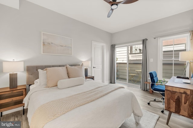 bedroom with baseboards, ceiling fan, light wood-style flooring, and access to exterior