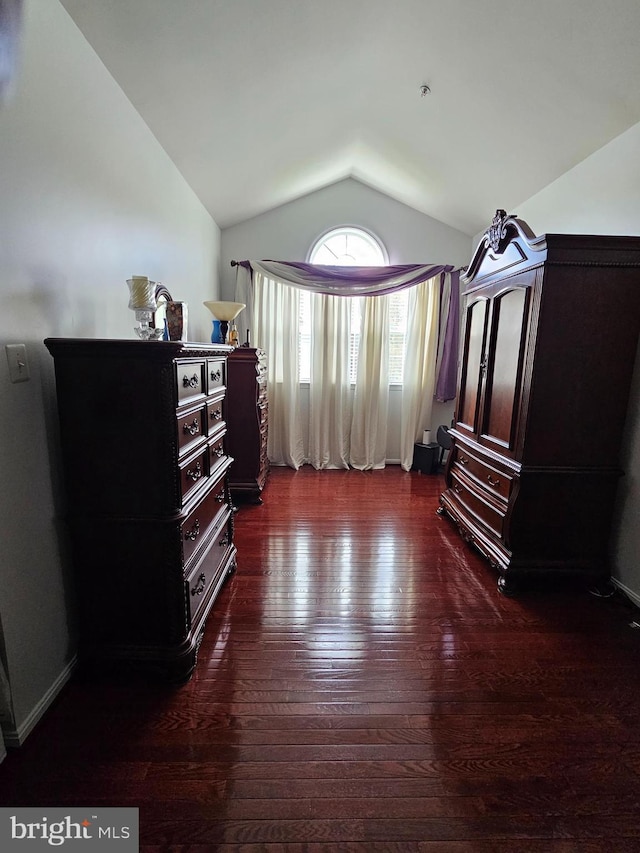 bedroom featuring vaulted ceiling and dark wood-type flooring