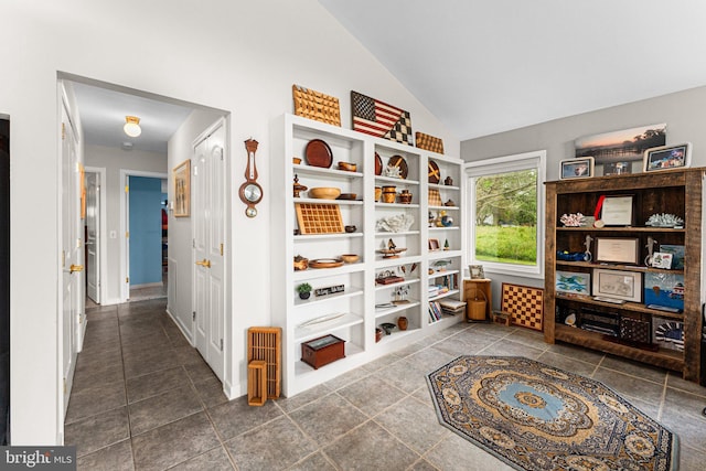 living area featuring tile patterned floors and vaulted ceiling