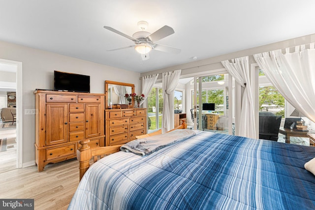 bedroom with access to outside, a ceiling fan, light wood finished floors, and baseboards