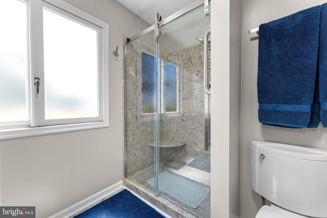 full bath featuring toilet, baseboards, a shower stall, and a wealth of natural light