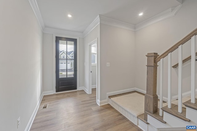 49C Fowler St, Charlottesville, VA 22901 - entrance foyer with stairs, light wood finished floors, ornamental molding, visible vents, and recessed lighting
