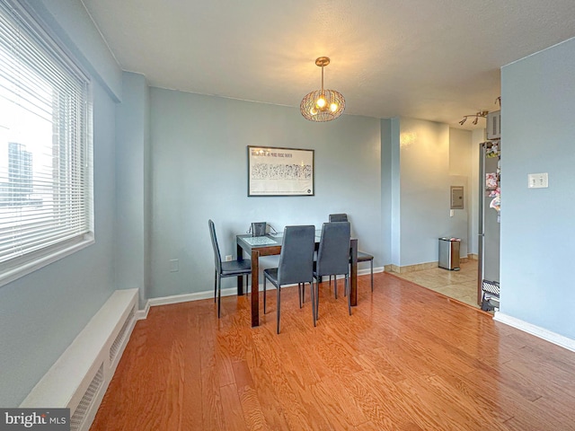 dining room with baseboards, a notable chandelier, and light wood-type flooring