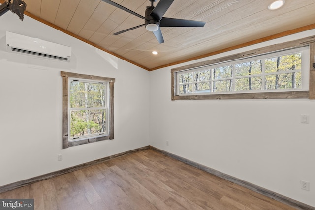 275 Oak Forest Ln, Berkeley Springs, WV 25411 - empty room featuring wood ceiling, vaulted ceiling, plenty of natural light, and a wall unit AC