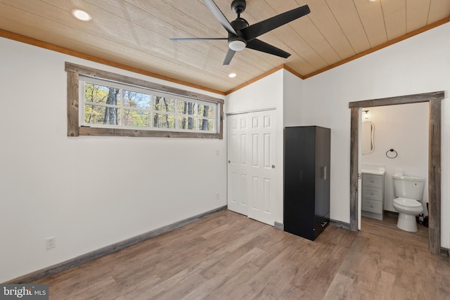 275 Oak Forest Ln, Berkeley Springs, WV 25411 - unfurnished bedroom featuring wooden ceiling, wood finished floors, a closet, and crown molding