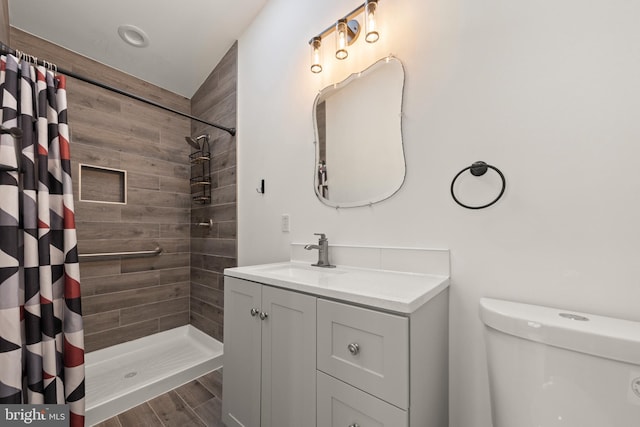 275 Oak Forest Ln, Berkeley Springs, WV 25411 - bathroom featuring toilet, wood finished floors, vanity, and a tile shower