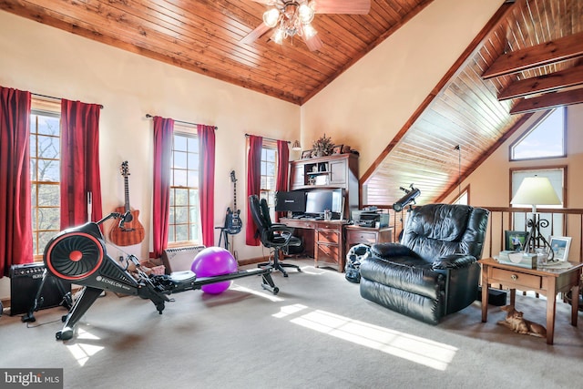 office area featuring carpet flooring, wood ceiling, ceiling fan, and vaulted ceiling