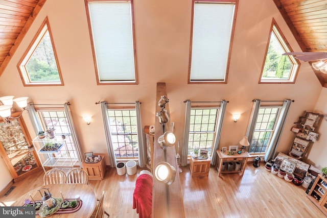 living area with wooden ceiling, plenty of natural light, and wood finished floors