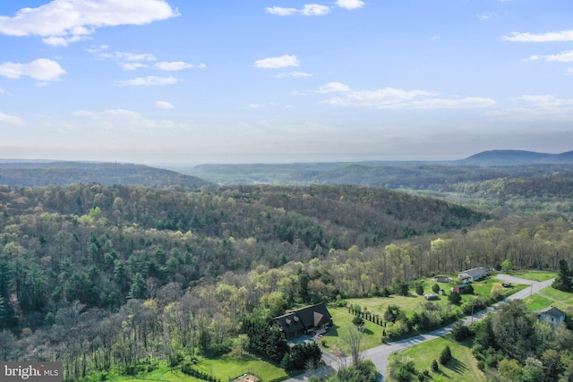 bird's eye view with a mountain view and a wooded view