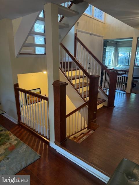 18413 Stone Hollow Dr, Germantown, MD 20874 - stairway featuring wood finished floors, plenty of natural light, a high ceiling, and baseboards