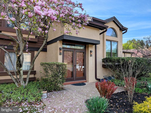 doorway to property featuring french doors and stucco siding