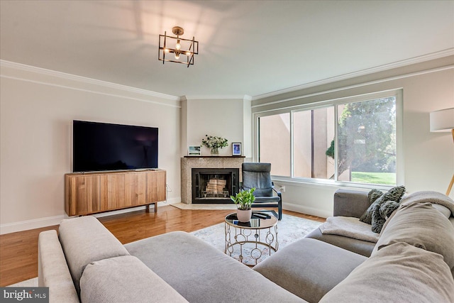 living room with baseboards, wood finished floors, and ornamental molding