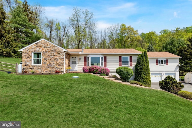 93 Shady Ln, Boyertown, PA 19512 - single story home featuring a garage, driveway, stone siding, and a front yard