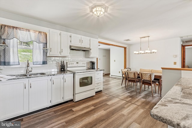 93 Shady Ln, Boyertown, PA 19512 - kitchen with white electric stove, tasteful backsplash, wood finished floors, a sink, and under cabinet range hood