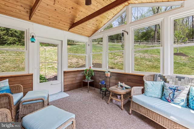 93 Shady Ln, Boyertown, PA 19512 - sunroom / solarium with wood ceiling, plenty of natural light, carpet, and vaulted ceiling with beams