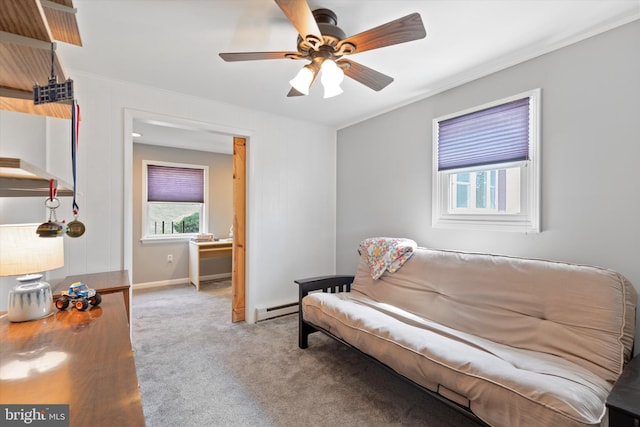 93 Shady Ln, Boyertown, PA 19512 - living area featuring baseboards, carpet flooring, ceiling fan, and a baseboard heating unit