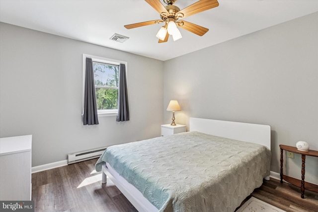 93 Shady Ln, Boyertown, PA 19512 - bedroom featuring visible vents, wood finished floors, baseboards, baseboard heating, and a ceiling fan