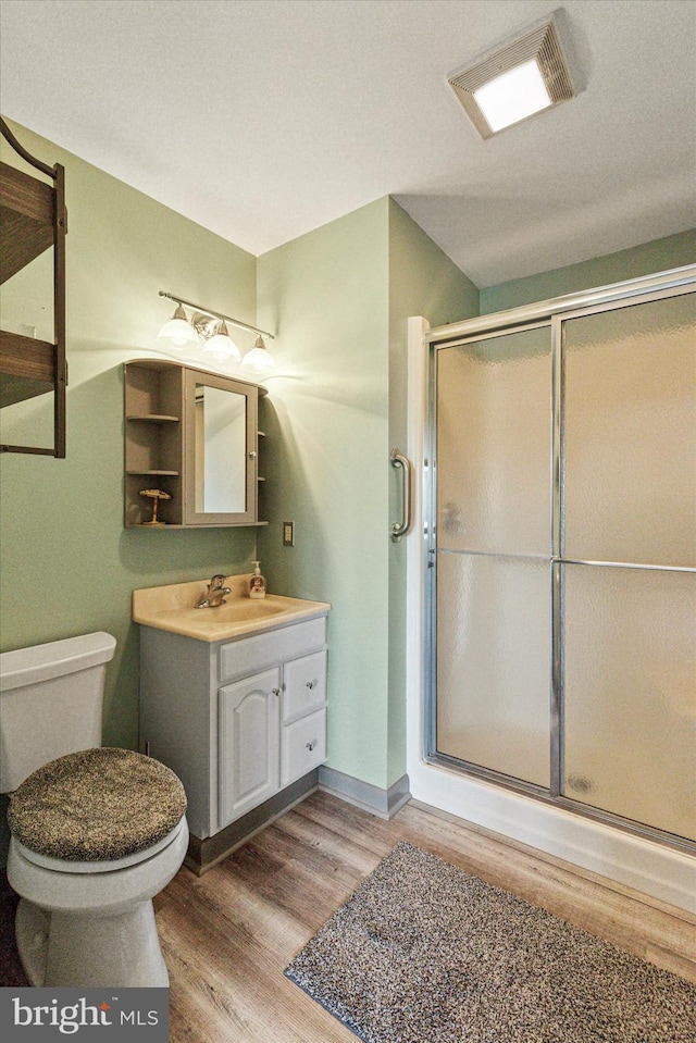 93 Shady Ln, Boyertown, PA 19512 - bathroom featuring vanity, toilet, wood finished floors, visible vents, and a stall shower