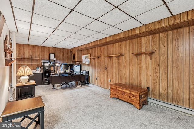 93 Shady Ln, Boyertown, PA 19512 - carpeted home office with a paneled ceiling, wooden walls, and baseboard heating