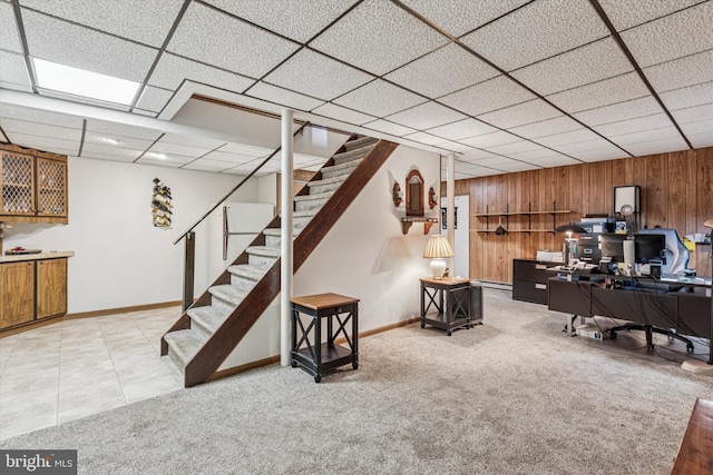 93 Shady Ln, Boyertown, PA 19512 - office area featuring light carpet, wood walls, baseboards, a drop ceiling, and a baseboard radiator