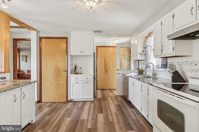 93 Shady Ln, Boyertown, PA 19512 - kitchen with a sink, white cabinets, white electric range, and wood finished floors