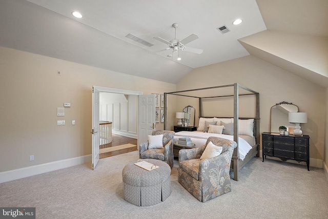 bedroom with carpet, vaulted ceiling, baseboards, recessed lighting, and ceiling fan