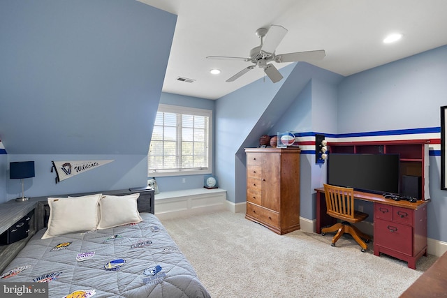 carpeted bedroom with baseboards, recessed lighting, and a ceiling fan