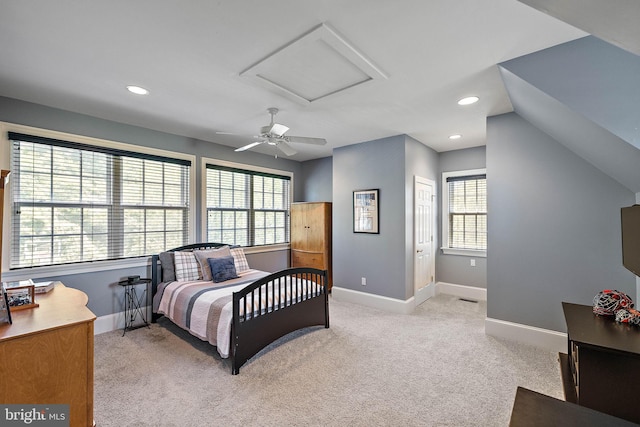 bedroom featuring baseboards, attic access, light colored carpet, recessed lighting, and ceiling fan