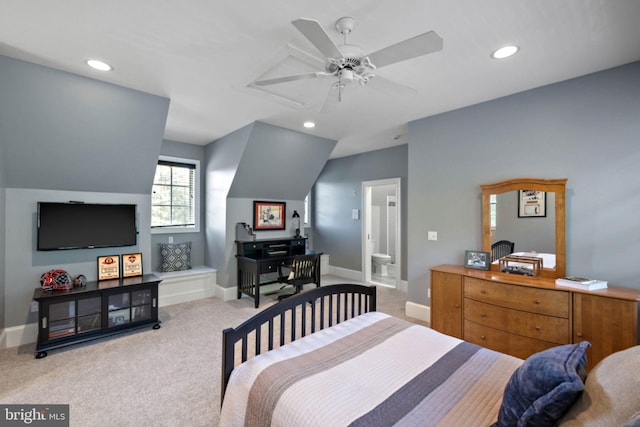 carpeted bedroom with recessed lighting, baseboards, and vaulted ceiling