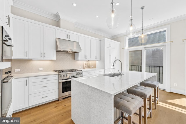 kitchen with a sink, stainless steel appliances, under cabinet range hood, a breakfast bar, and light wood-style flooring