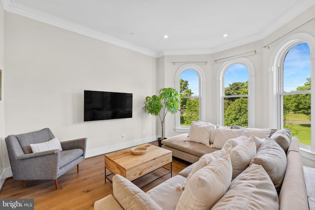 living room with crown molding, recessed lighting, wood finished floors, and baseboards