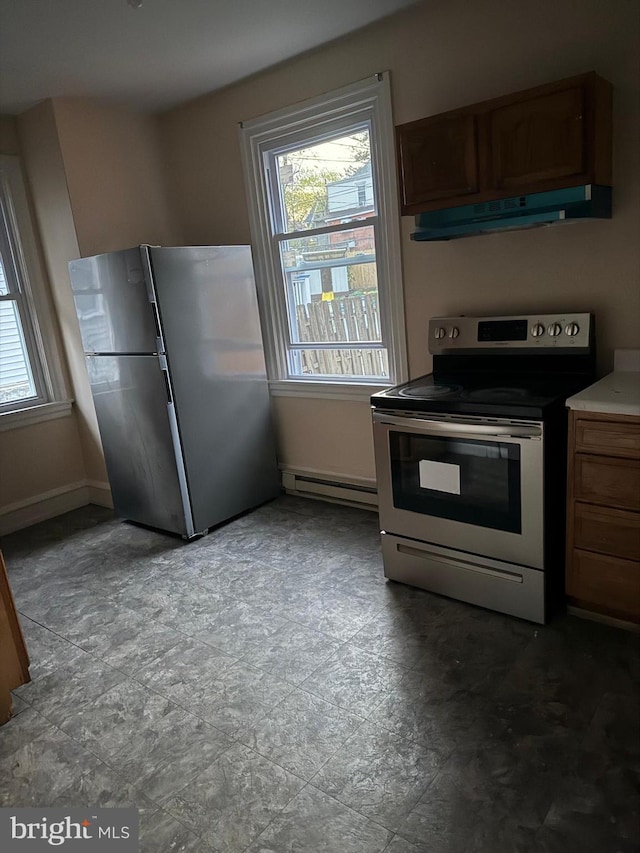 20 S Carol Blvd, Upper Darby, PA 19082 - kitchen with stainless steel appliances, baseboards, a baseboard heating unit, under cabinet range hood, and light countertops