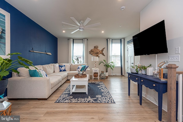 12461 Coastal Marsh Dr Unit 707, Berlin, MD 21811 - living room featuring ceiling fan, light wood finished floors, and recessed lighting