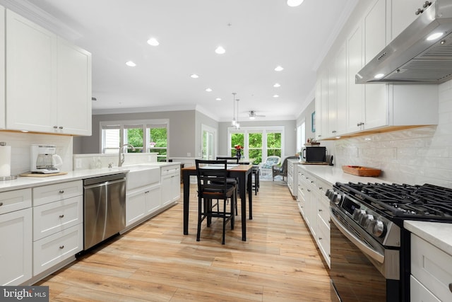 84 Battery Point Dr, Fredericksburg, VA 22406 - kitchen with appliances with stainless steel finishes, under cabinet range hood, ornamental molding, recessed lighting, and white cabinets