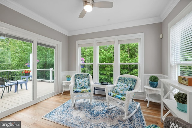 84 Battery Point Dr, Fredericksburg, VA 22406 - sitting room featuring wainscoting, a ceiling fan, wood finished floors, and crown molding