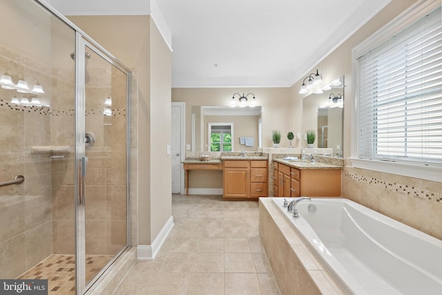 84 Battery Point Dr, Fredericksburg, VA 22406 - full bath featuring a shower stall, a garden tub, vanity, and tile patterned floors