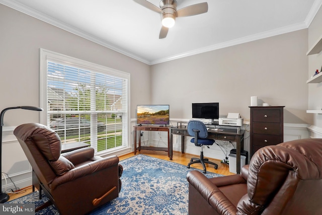 84 Battery Point Dr, Fredericksburg, VA 22406 - office area with crown molding, a ceiling fan, wood finished floors, and a wainscoted wall