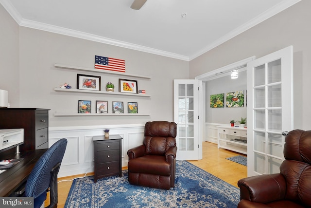 84 Battery Point Dr, Fredericksburg, VA 22406 - office area with ornamental molding, wood finished floors, a wainscoted wall, and french doors