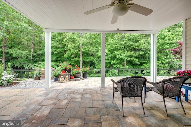 84 Battery Point Dr, Fredericksburg, VA 22406 - fenced backyard with a patio area, ceiling fan, and outdoor dining area