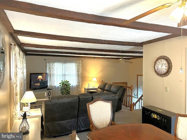 carpeted living area with beamed ceiling and ceiling fan