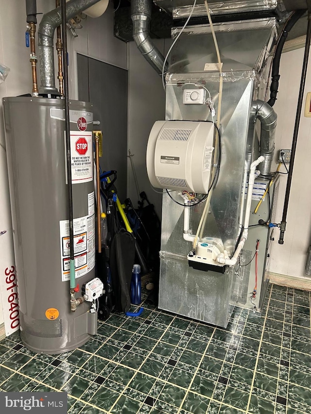 utility room with gas water heater and heating unit