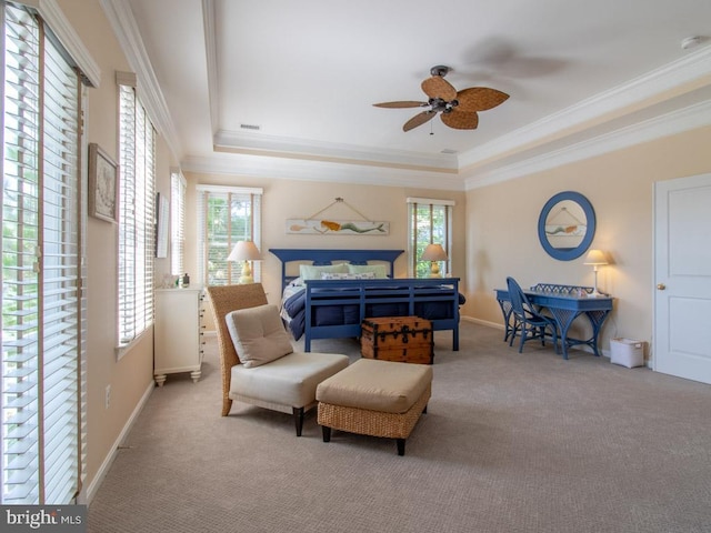 carpeted bedroom with ornamental molding, multiple windows, and a raised ceiling