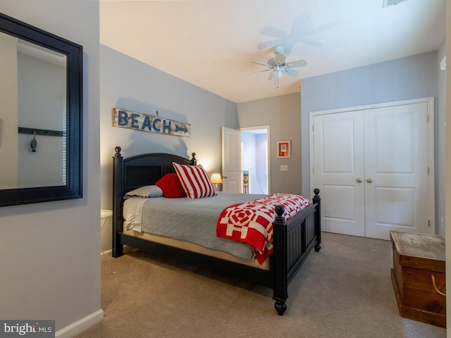 bedroom with baseboards, carpet flooring, a closet, and ceiling fan