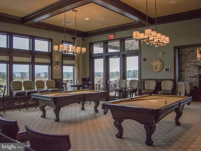 playroom with beamed ceiling, pool table, carpet, and ornamental molding